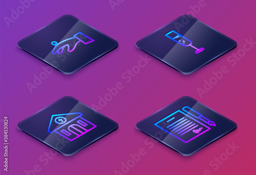 Set Isometric line Wedding rings on hand, Church building, Glass of champagne and Marriage contract. Blue square button. Vector.