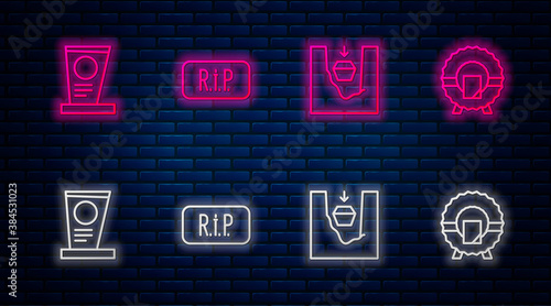 Set line Speech bubble rip death, Coffin in grave, Grave with tombstone and Memorial wreath. Glowing neon icon on brick wall. Vector.