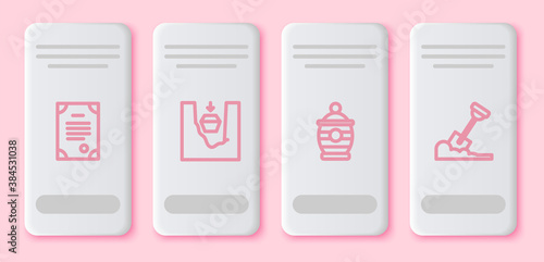 Set line Death certificate, Coffin in grave, Funeral urn and Shovel the ground. White rectangle button. Vector.