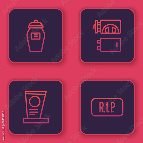 Set line Funeral urn, Grave with tombstone, Crematorium and Speech bubble rip death. Blue square button. Vector.