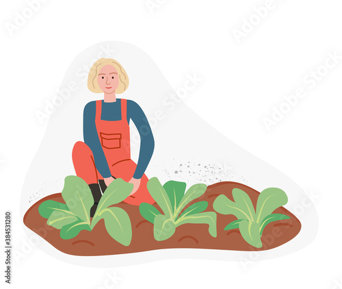 Organic production. Woman grows greens isolated on white background. Process of local growing in modern style. Organic healthy food. Perfect for poster, website, brochure. Flat Vector Illustration