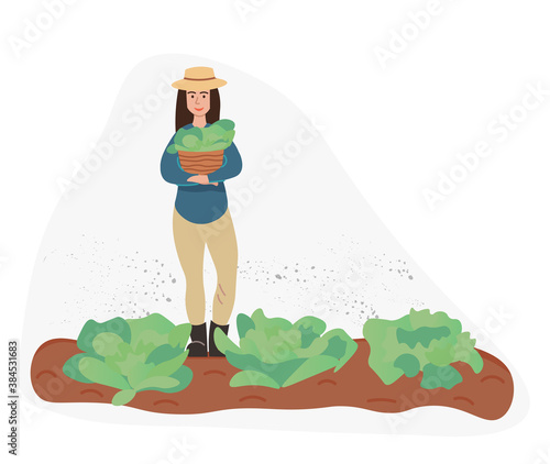 Organic production. Woman grows cabbage isolated on white background. Process of local growing in modern style. Organic healthy food. Perfect for poster, website, brochure. Flat Vector Illustration