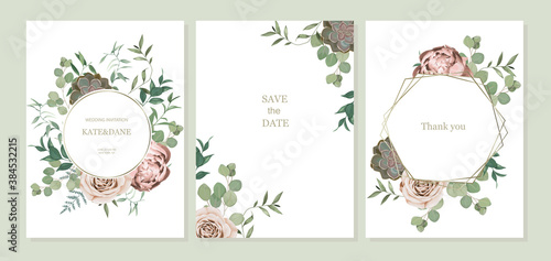 Set of floral card with eucalyptus leaves, cactus and flowers. Greenery frame. Rustic style. For wedding, birthday, party, save the date. Vector illustration. Watercolor style
