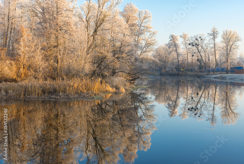 Peaceful morning on a small river Vorskla at late autumnal season in Sumskaya oblast, Ukraine