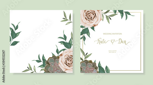 Set of floral card with herbal leaves, cactus and garden roses. Greenery frame.  For wedding, birthday, party, save the date. Vector illustration.