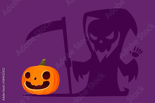 halloween carved pumpkin with shadow as grim reaper holding scythe
