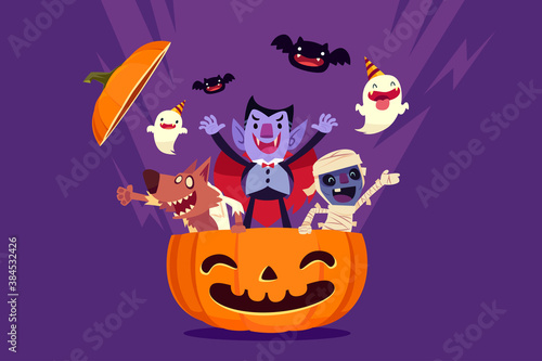 halloween monsters come out of carved pumpkin