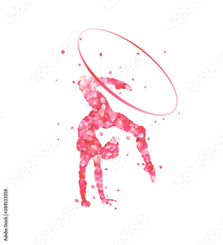 Rhythmic gymnastics girl with hoop. Vector silhouette of pink rose petals