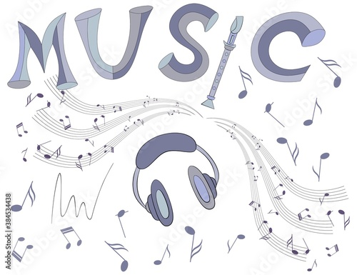 lettering Music, headphones, notes and musical wave on white background.