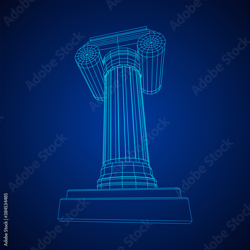 Greek ionic column. Ancient pillars roman antique architecture construction decoration. Wireframe low poly mesh vector illustration.