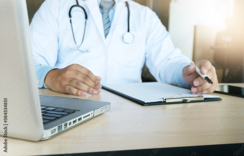Doctor check body by stethoscope. Healthcare and medical concept. Professional medical doctor in white uniform gown coat interview consulting patient. Doctor check body by stethoscope. Healthcare and medical concept. Professional medical doctor in white uniform gown coat interview consulting patient.