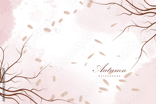  Autumn with dry branches and leaf pink watercolor background.