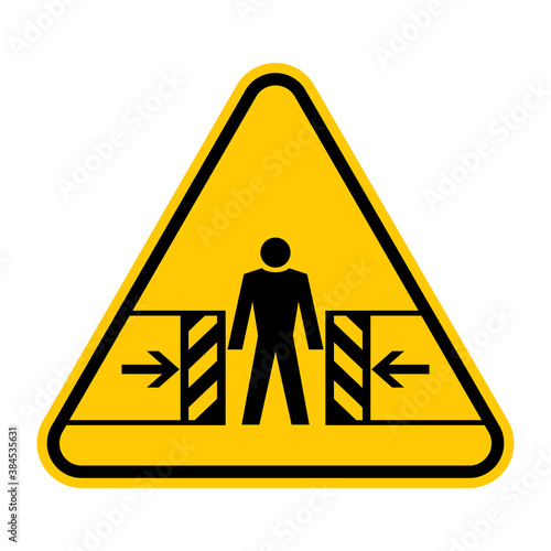 Risk of crushing warning sign. Vector illustration of yellow triangle sign with man and crushing icon inside. Pinch symbol isolated on white background. Caution body crash hazard.