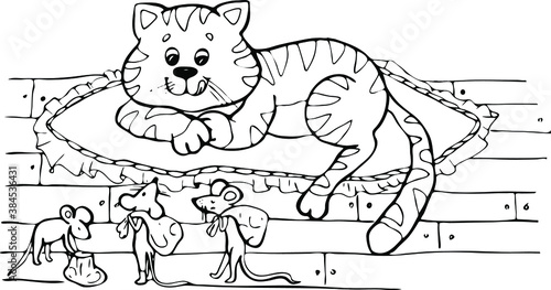 coloring book, page for coloring with a cat and mice, cat guards supplies in the pantry, mice steal supplies, cute cat, fairy tale, hand-drawn illustration
