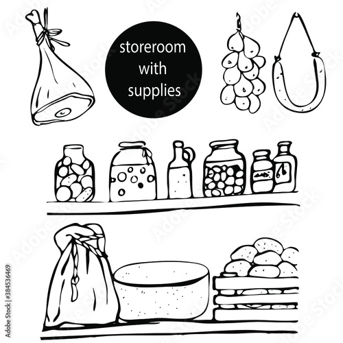 storeroom with supplies, hand-drawn doodles items from the storeroom, contour black and white isolated on a white background.