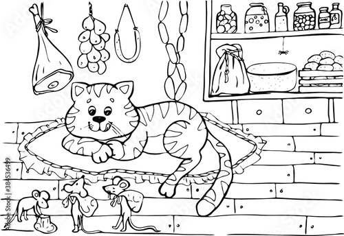 coloring book, page for coloring with a cat and mice, cat guards supplies in the pantry, mice steal supplies, cute cat, fairy tale, hand-drawn illustration
