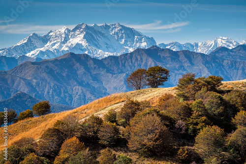 Monte Rosa peak, seen from Mottarone mountain (Piedmont, Northern Italy). it is the largest mountain massif in the European Alps, the second highest after Mont Blanc. Color image.