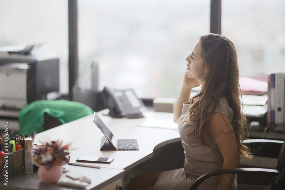 business woman office, ginseng sitting in the office at the table, work, business concept business woman office, ginseng sitting in the office at the table, work, business concept