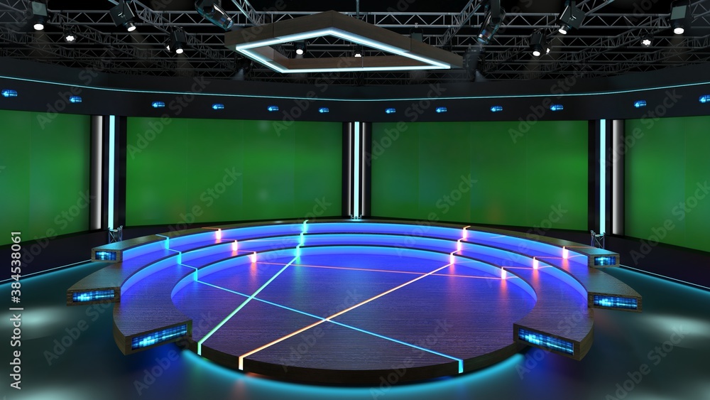 3d virtual news studio green screen background. 3d Rendering. With a simple  setup, a few square