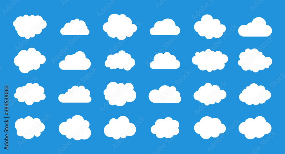 Fototapeta Set of cloud icons. White clouds on blue background. Vector flat style.