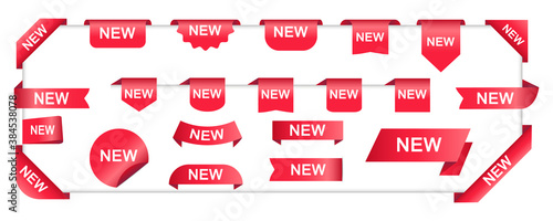 New labels set. Collection red new stickers. Badges and ribbon banners.