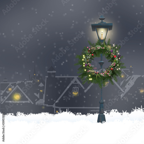 Christmas winter night city park with luminous street lantern, snow flakes