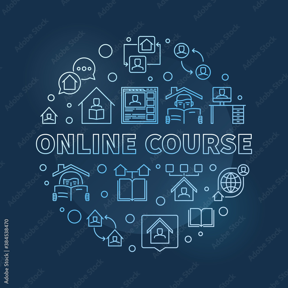 Vector Online Course concept round blue outline illustration or banner on dark background
