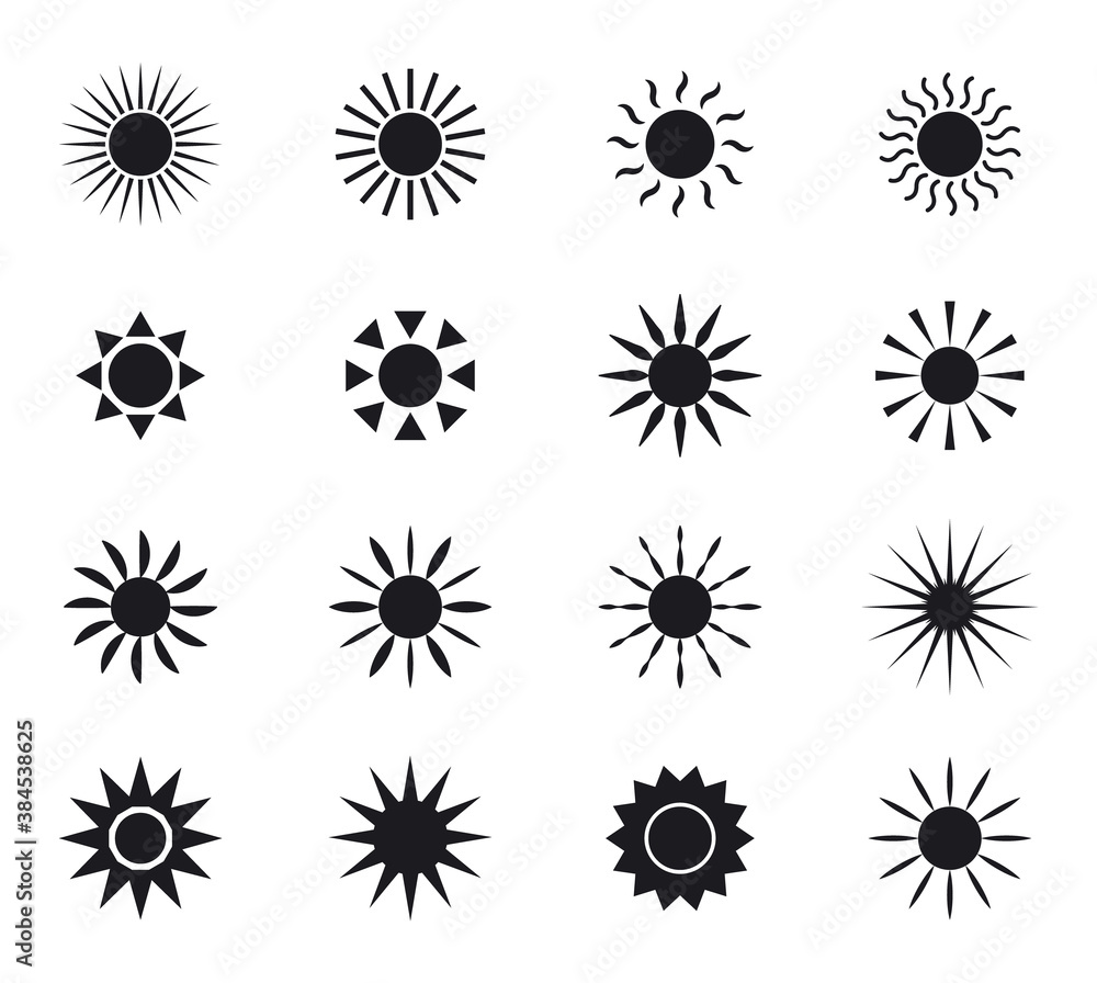 Set of sun icons. Collection of black sun symbols. Vector flat icon. Set of sun icons. Collection of black sun symbols. Vector flat icon.