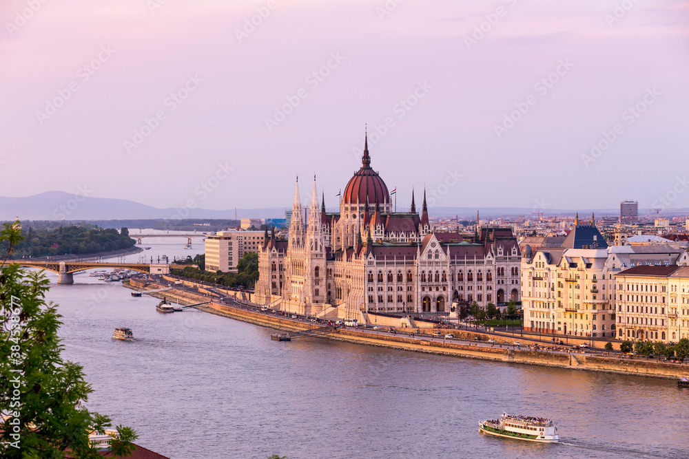 Panorama of the Parliament of Budapest at sunset, Hungary
