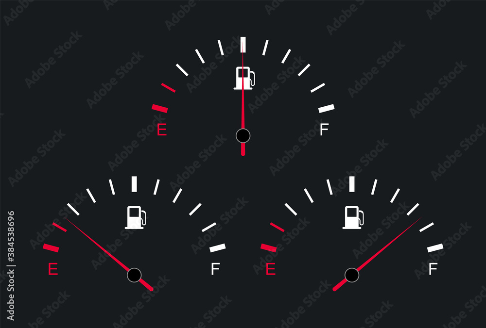 Fuel gauge and indicator. Car dashboard. Gasoline meter. Fuel tank full and empty. Fuel gauge and indicator. Car dashboard. Gasoline meter. Fuel tank full and empty.