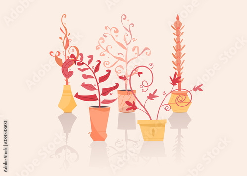 Potting trees, flowerpots hanging, plants in pots set isolated objects