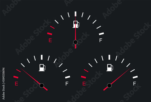 Fuel gauge and indicator. Car dashboard. Gasoline meter. Fuel tank full and empty.