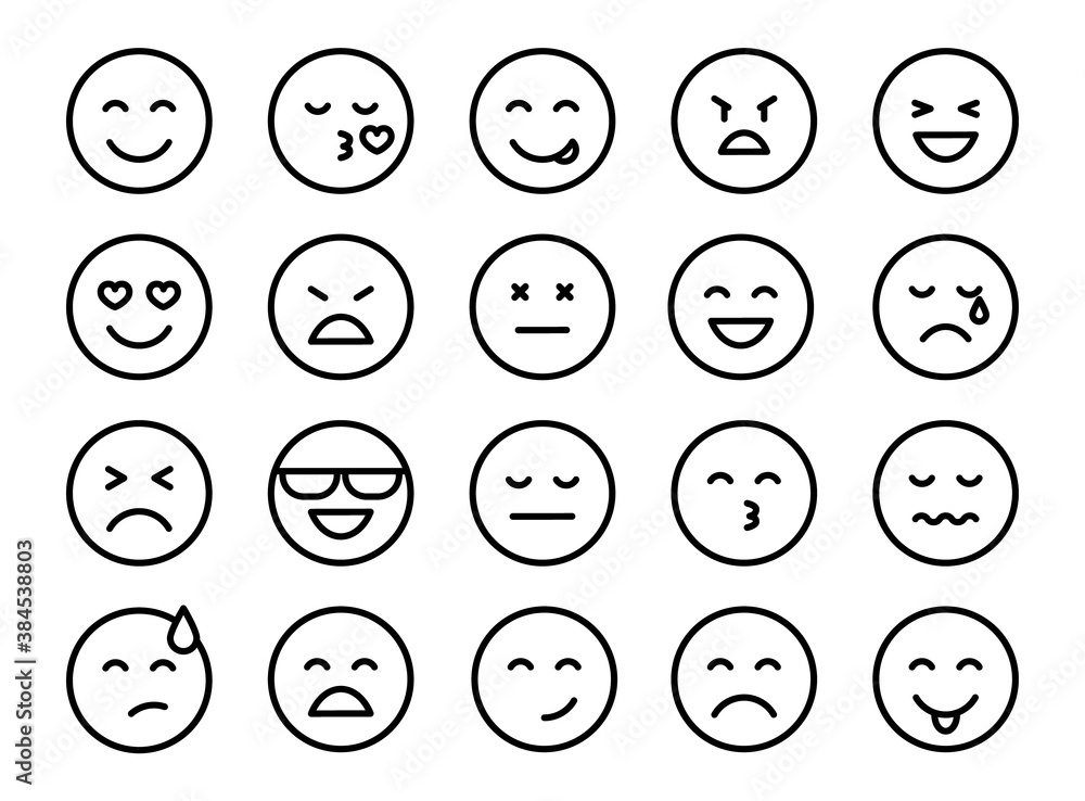 Set of emoticons. Emoji line icons. Stickers emotion. Vector flat icons for social media. Set of emoticons. Emoji line icons. Stickers emotion. Vector flat icons for social media.