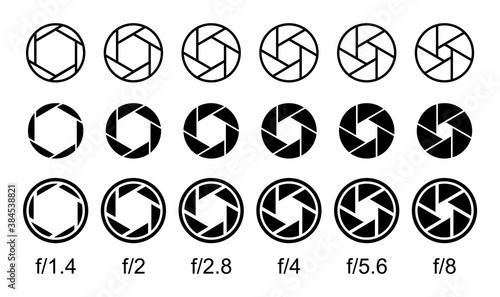 Set of aperture icons. Camera lens diaphragm symbols. Camera shutter signs. Aperture value numbers.Графика и иллюстрации