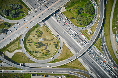 Traffic on highway interchange, overhead aerial view