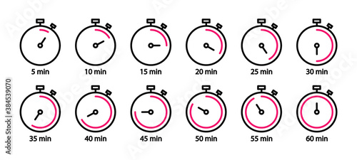 Set of stopwatch line icons. Timers set. Clock, time and countdown. Vector elements.