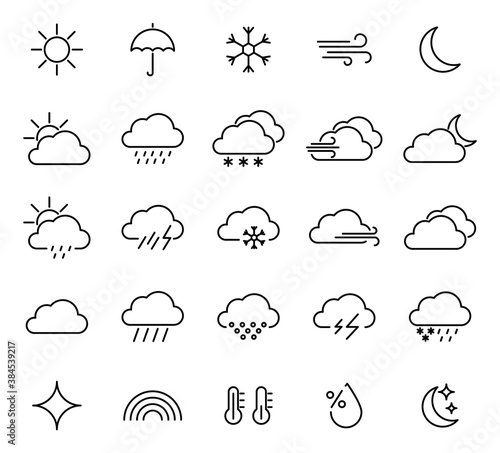Big set of weather linear icons. Forecast weather symbols. Vector web icons.