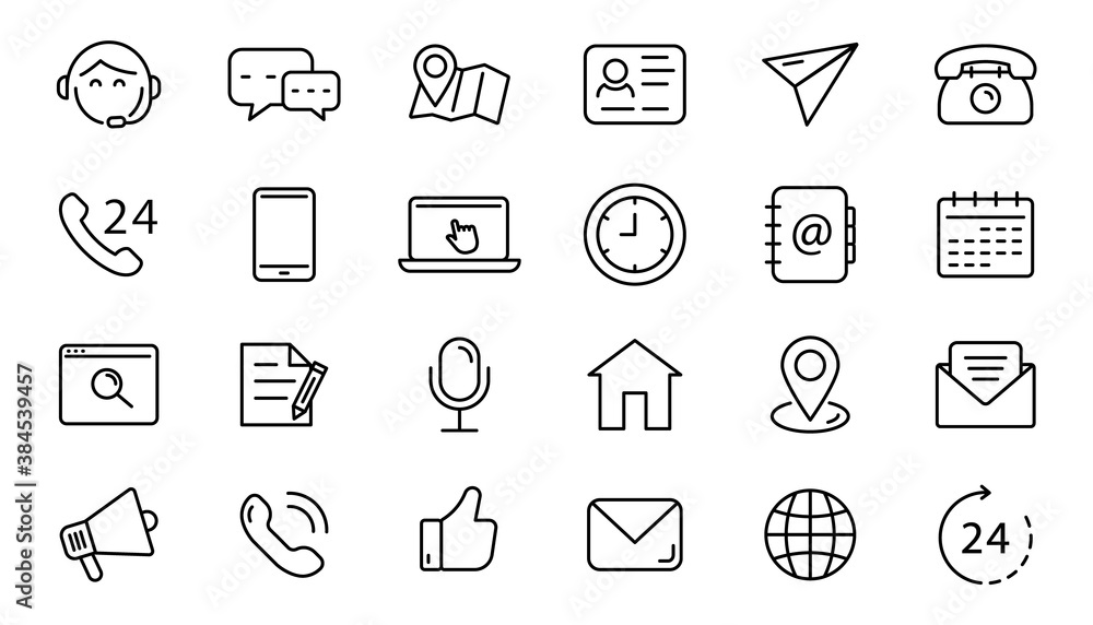 Set of contacts linear icons. Contact us. Communication signs. Vector web icons. Set of contacts linear icons. Contact us. Communication signs. Vector web icons.