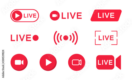 Live streaming icon set. Live stream red logo. Broadcasting online.