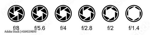 Aperture icons set. Camera lens diaphragm symbols. Camera shutter signs. Aperture value numbers.