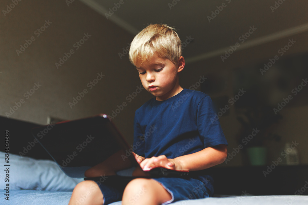Fototapeta premium child does homework , lying in bed using his laptop or skyping.