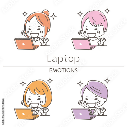 ノートパソコンと喜ぶ女性のイラスト