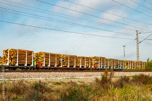 Kouvola, Finland - 24 September 2020: Railway carriages with timber at paper mill Stora Enso photo