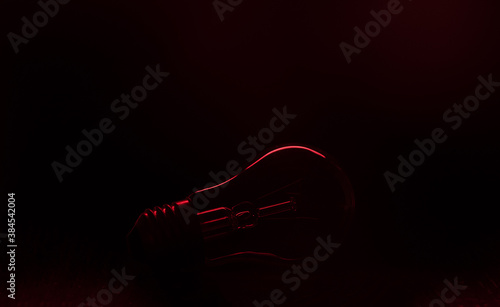 Incandescent light bulb in red light, bulb contour. Incandescent light bulb with tungsten filament on a black background in red light.
