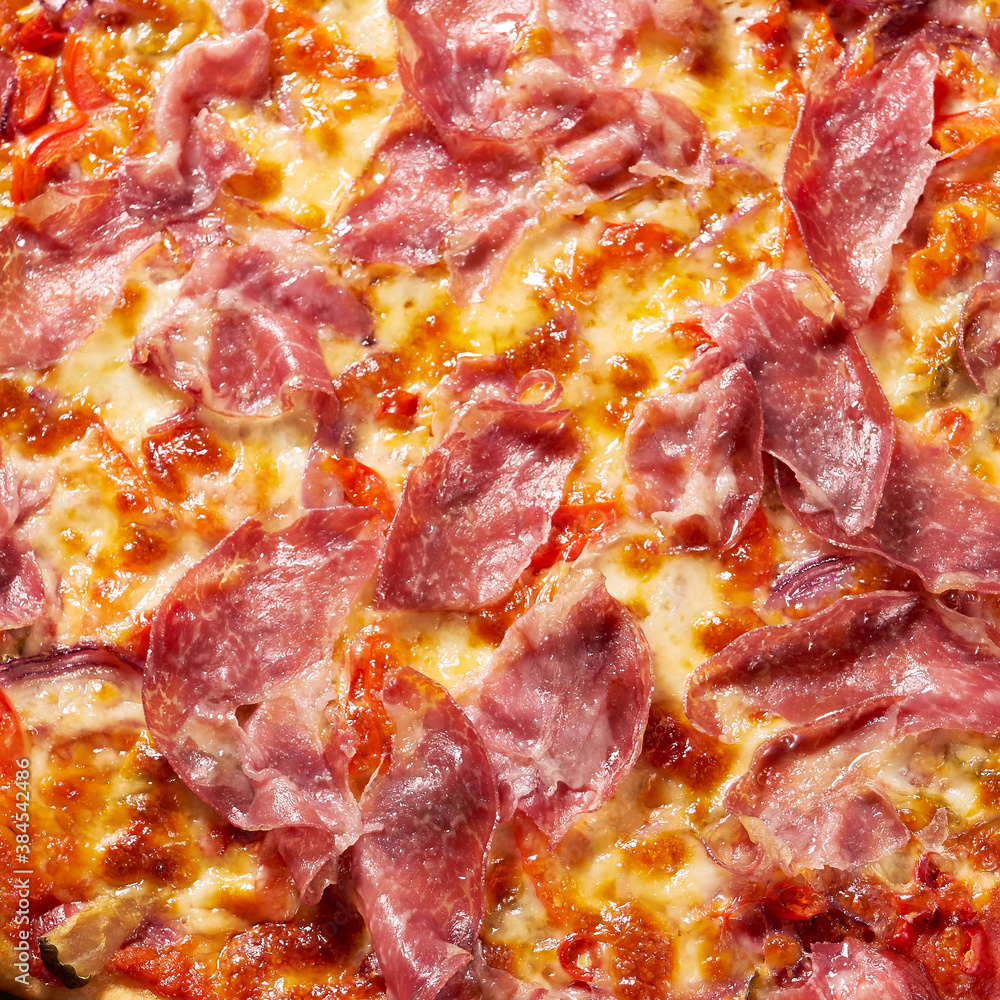 close-up of homemade pizza with prosciutto and mozzarella cheese close-up of homemade pizza with prosciutto and mozzarella cheese