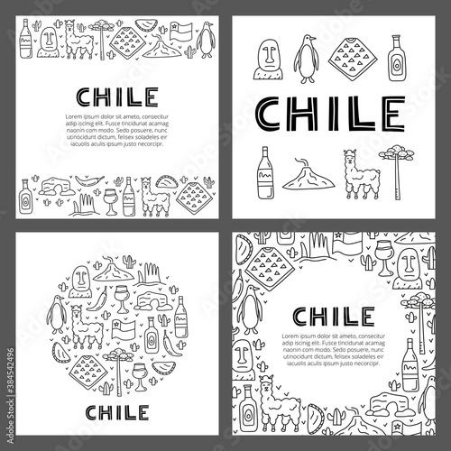 Set of cards with lettering and doodle outline Chile icons including Easter island statue, Villarrica volcano, araucaria tree, empanadas, penguin, poncho, alpaca isolated on grey background.