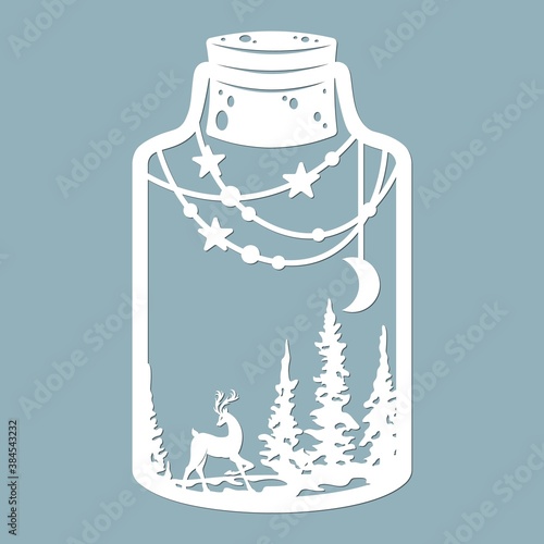 The moon, the stars and the deer in the trees in a glass jar. Laser cut. Vector illustration. Pattern for the laser cut, serigraphy, plotter and screen printing.