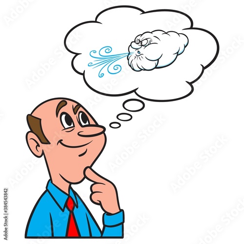 Thinking about old man Winter - A cartoon illustration of a man thinking about old man winter.
