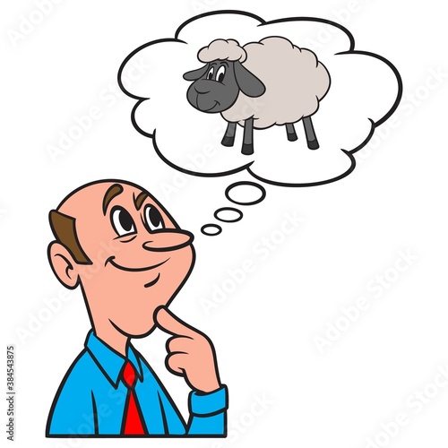 Thinking about Sheep - A cartoon illustration of a man thinking about Sheep.