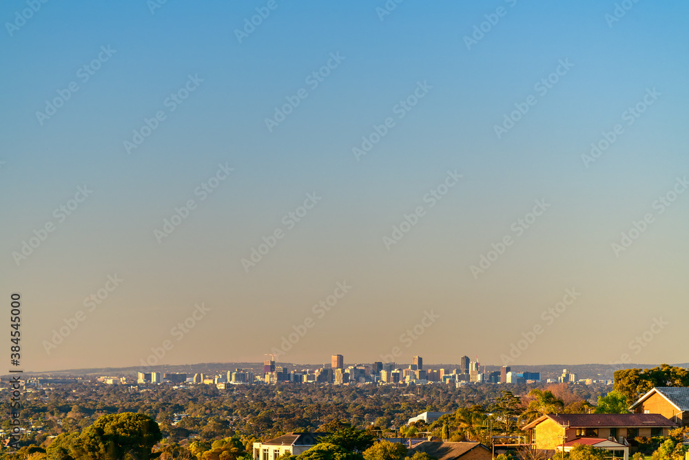 Adelaide city skyline viewed from the hills at sunset, South Australia